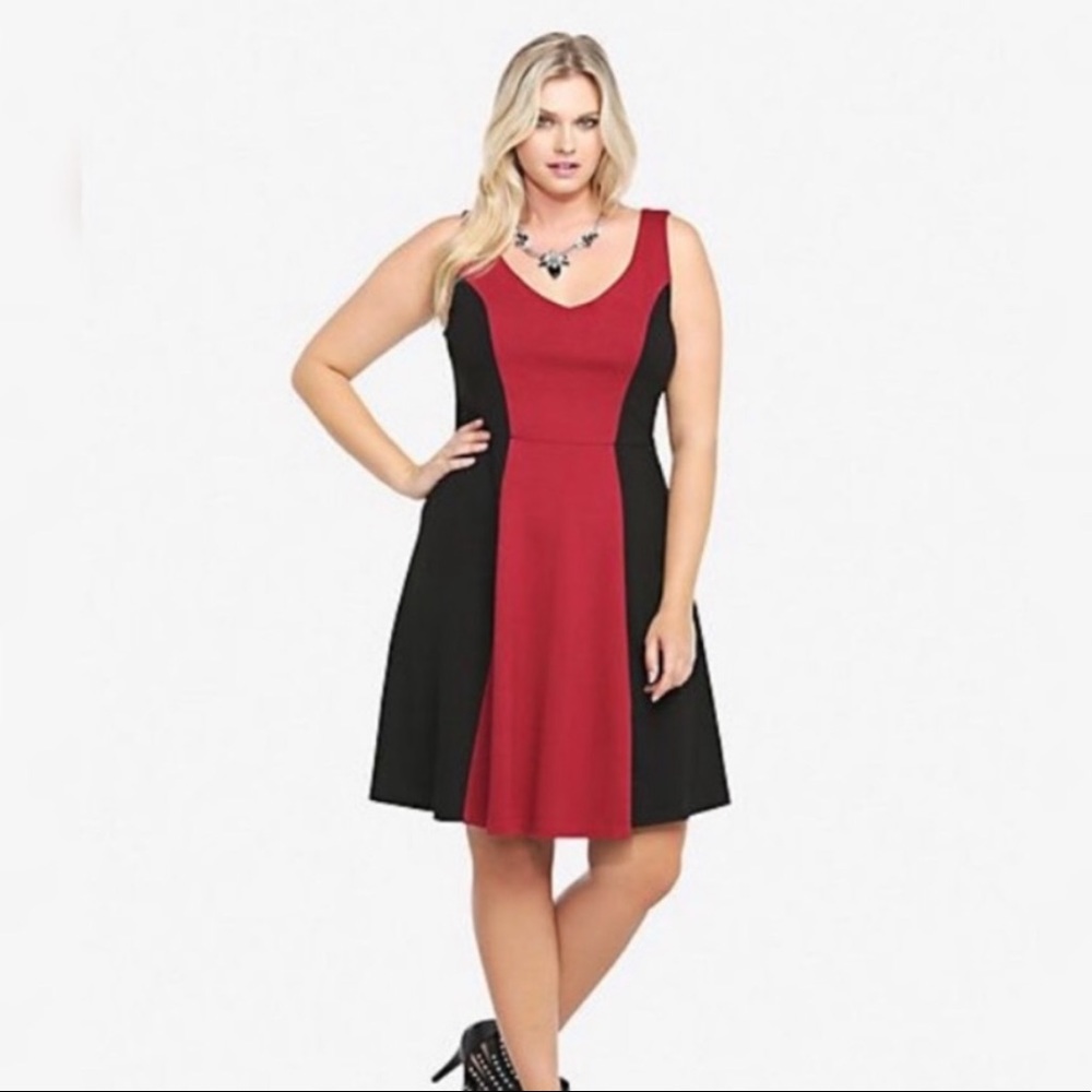 Red and black color block dress